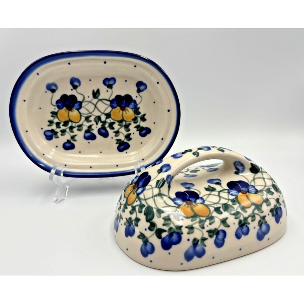 Polish Pottery Unikat Large Butter Dish With Lid Boleslawiec Blue Yellow Pansies